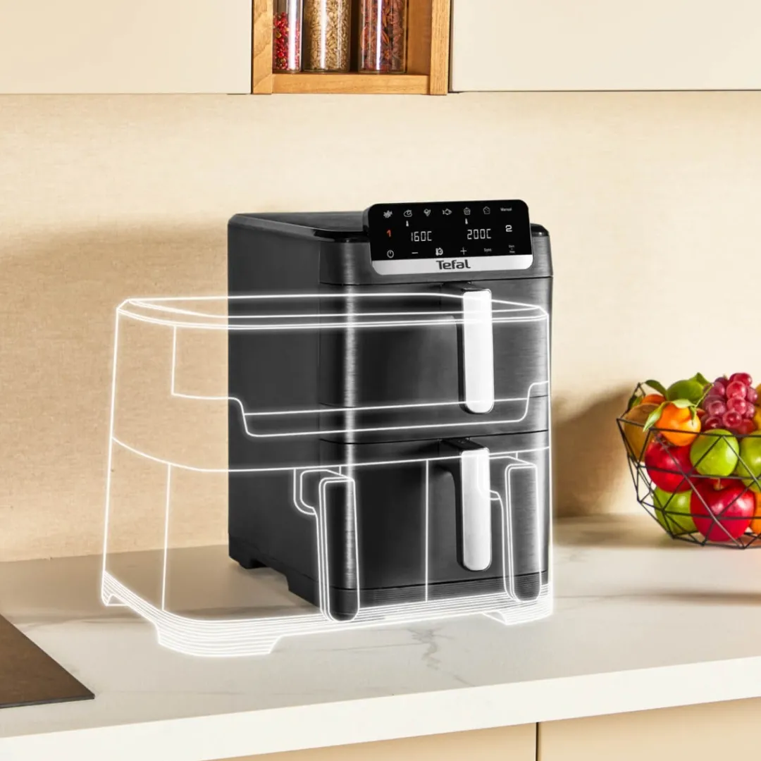 Frytkownica beztłuszczowa, Tefal Easy Fry Crispy Stack EY7528E0, dwukomorowa, 10 l, 2700 W, Air Fryer