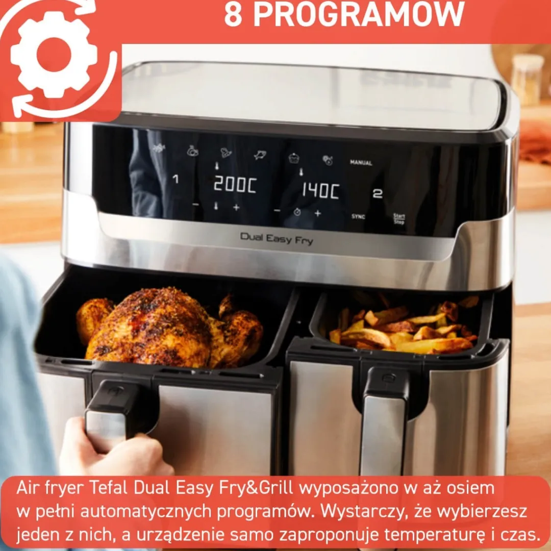 Frytkownica beztłuszczowa, Tefal Dual Easy Fry&Grill EY905D, dwukomorowa, duża, grill, Air Fryer