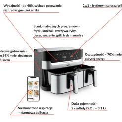 Frytkownica beztłuszczowa, Tefal Dual Easy Fry&Grill EY905D, dwukomorowa, duża, grill, Air Fryer