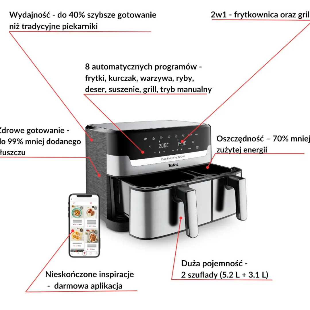 Frytkownica beztłuszczowa, Tefal Dual Easy Fry&Grill EY905D, dwukomorowa, duża, grill, Air Fryer