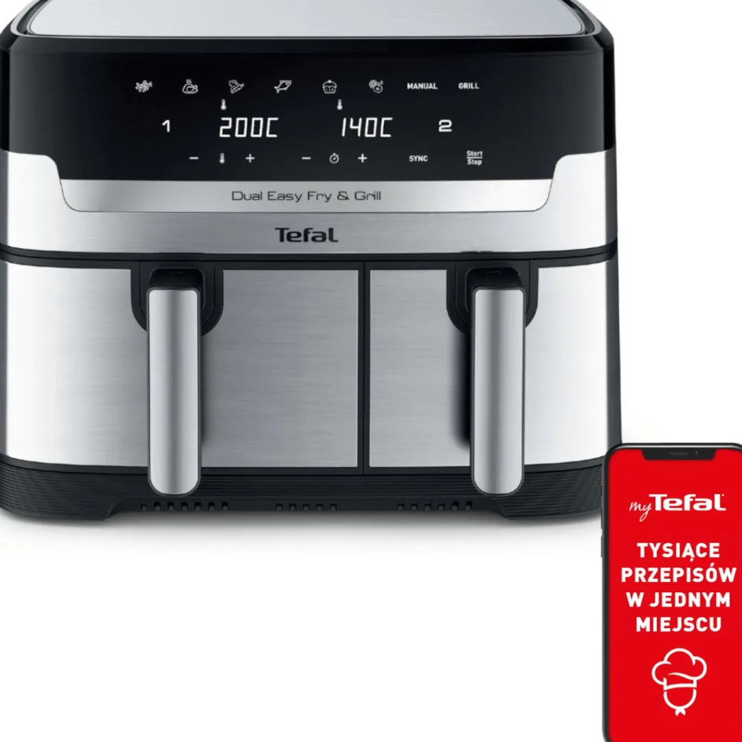 Frytkownica beztłuszczowa, Tefal Dual Easy Fry&Grill EY905D, dwukomorowa, duża, grill, Air Fryer