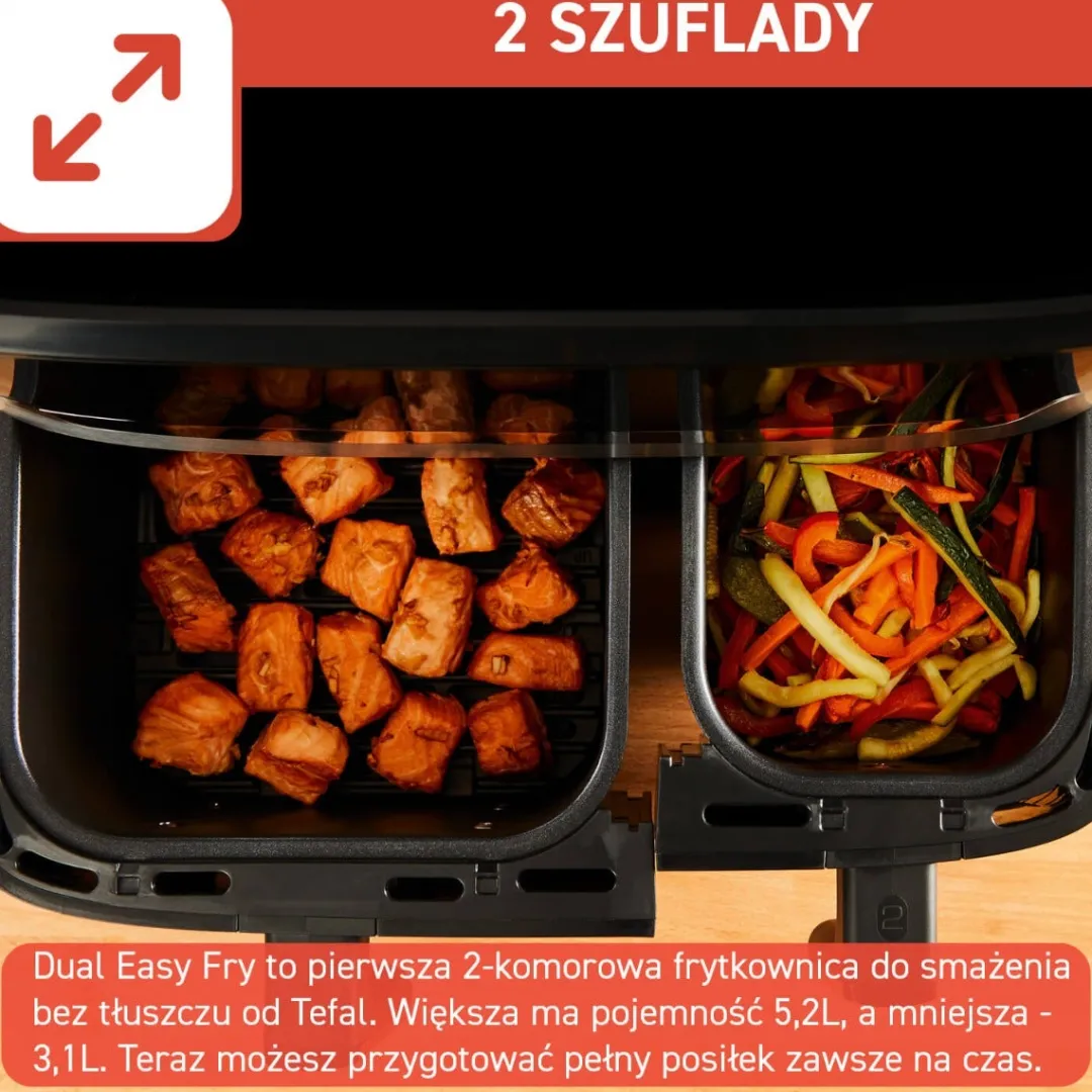 Frytkownica beztłuszczowa, Tefal Dual Easy Fry&Grill EY905D, dwukomorowa, duża, grill, Air Fryer