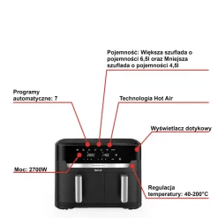 Frytkownica beztłuszczowa, Tefal Dual Easy EY9428E, dwukomorowa, duża, 11l, Air Fryer