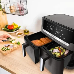 Frytkownica beztłuszczowa, Tefal Dual Easy EY942BE0, dwukomorowa, duża, 11l, Air Fryer