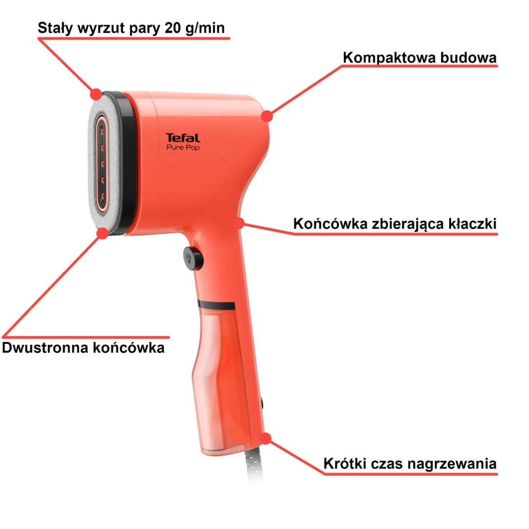 Parownica do ubrań, Tefal Pure Pop, kompaktowa, 1300 W, czerwona