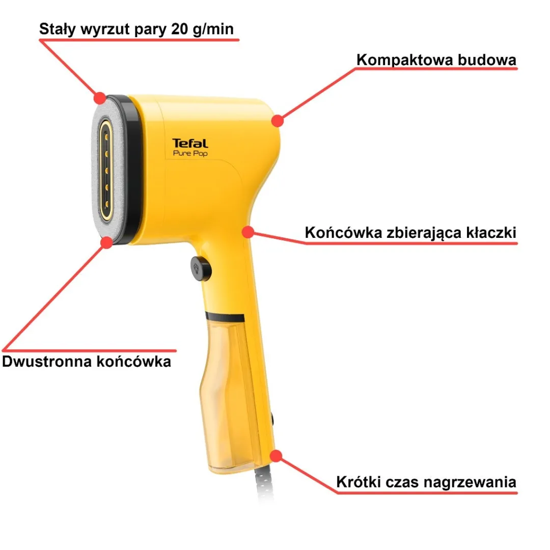 Parownica do ubrań, Tefal Pure Pop, kompaktowa, 1300 W, żółta