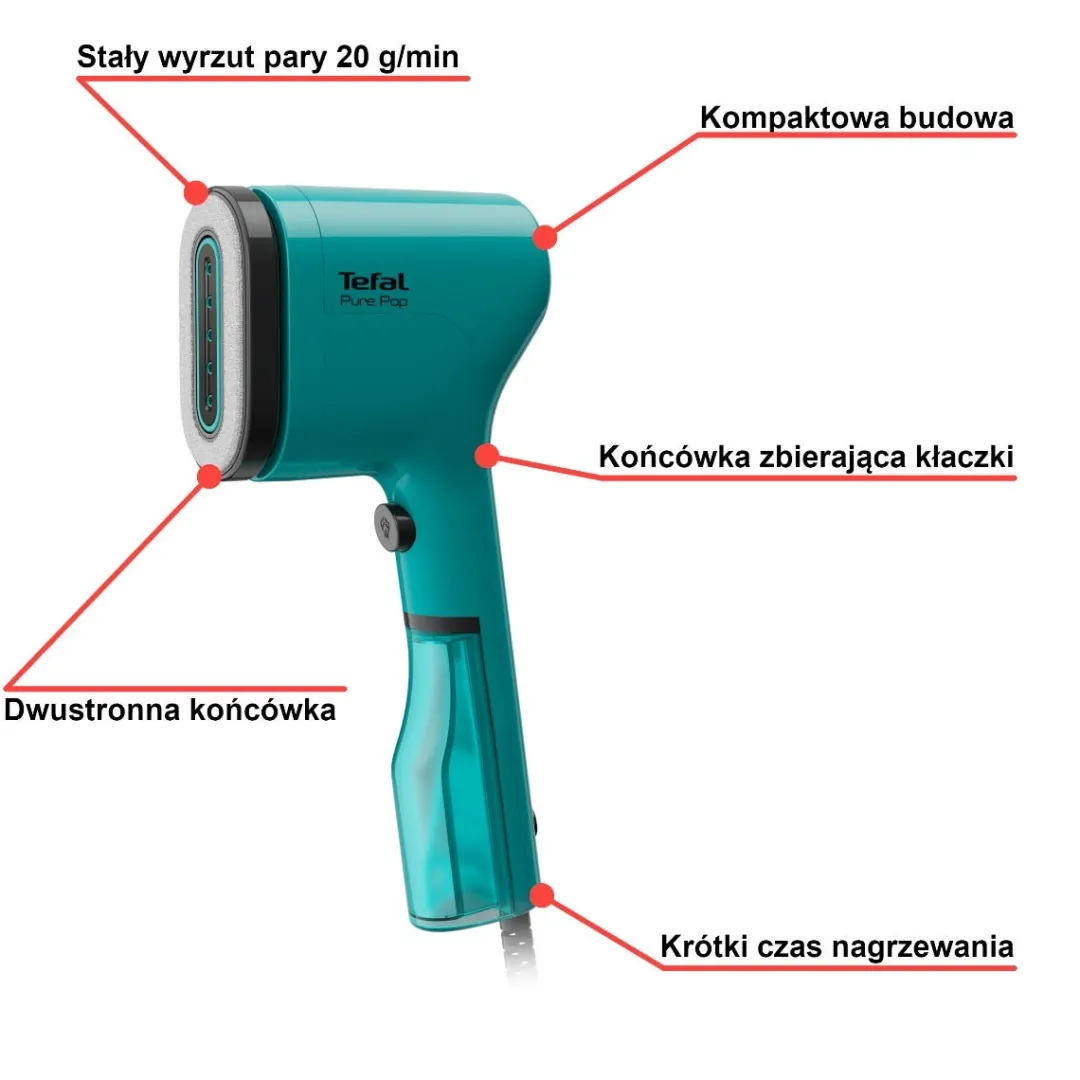 Parownica do ubrań, Tefal Pure Pop, kompaktowa, 1300 W, turkusowa