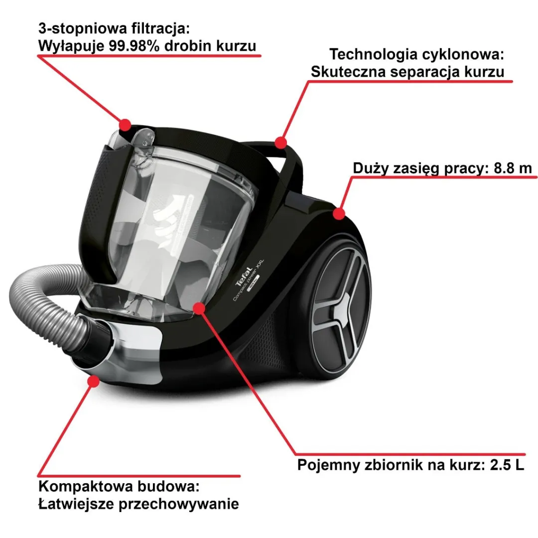 Tefal Compact Power XXL Total Clean, odkurzacz bezworkowy, 750 W, filtracja, 2,5 l