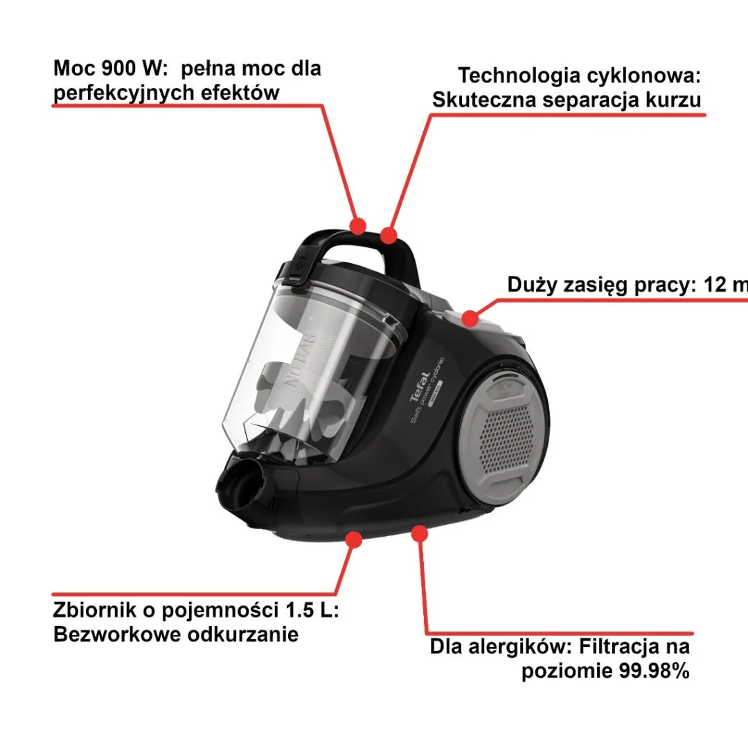 Tefal Swift Power Cyclonic, odkurzacz bezworkowy, 900 W, dla alergików, 1,5 l