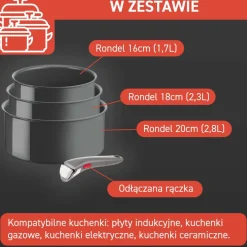 Zestaw garnków Tefal Ingenio Renew 4 elementy + pokrywka do odcedzania, zestaw szklanych i hermetycznych