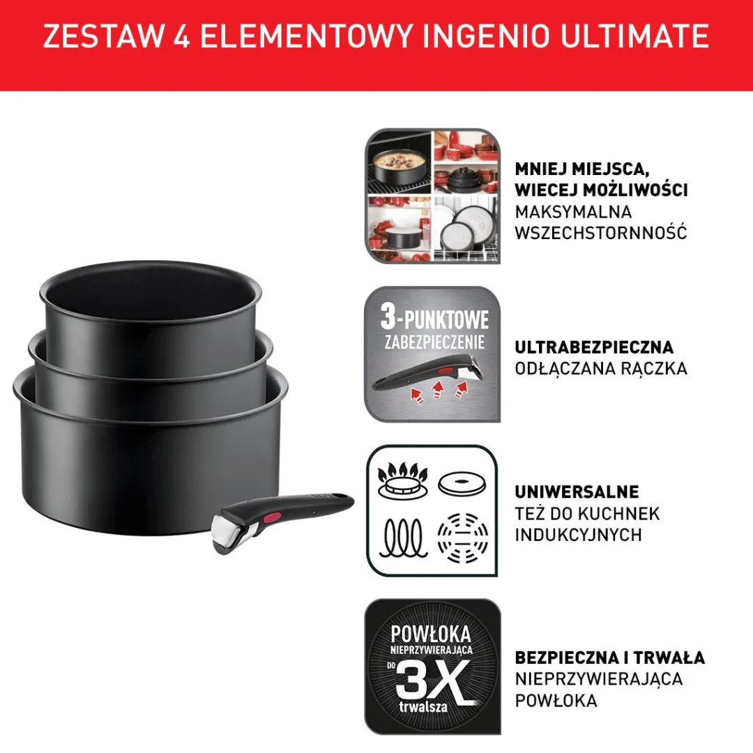Zestaw garnków Tefal Ingenio Ultimate 4 elementy + szklane i hermetyczne pokrywki