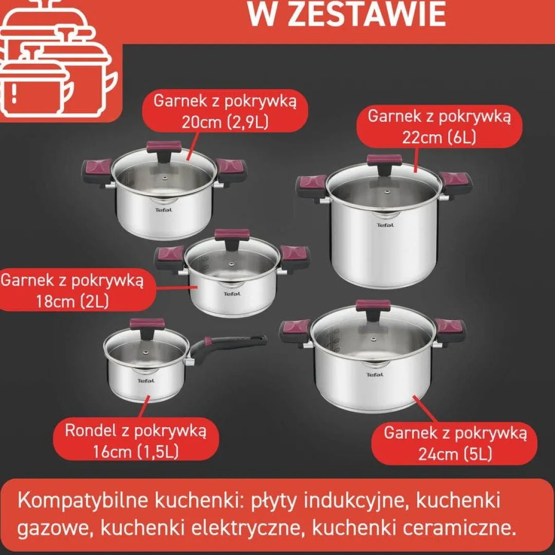 Zestaw garnków z pokrywkami TEFAL COOK&CLIP - 10 elementów
