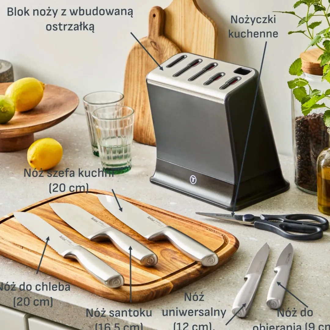 Zestaw 5 noży ze stali nierdzewnej oraz nożyczki TEFAL EverSharp Pro + blok z wbudowaną ostrzałką