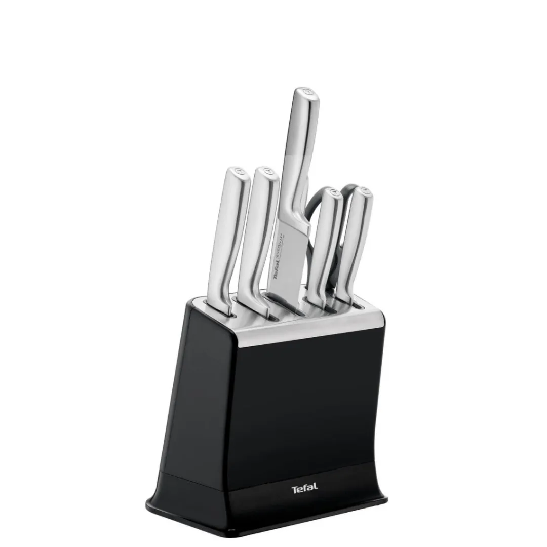 Zestaw 5 noży ze stali nierdzewnej oraz nożyczki TEFAL EverSharp Pro + blok z wbudowaną ostrzałką