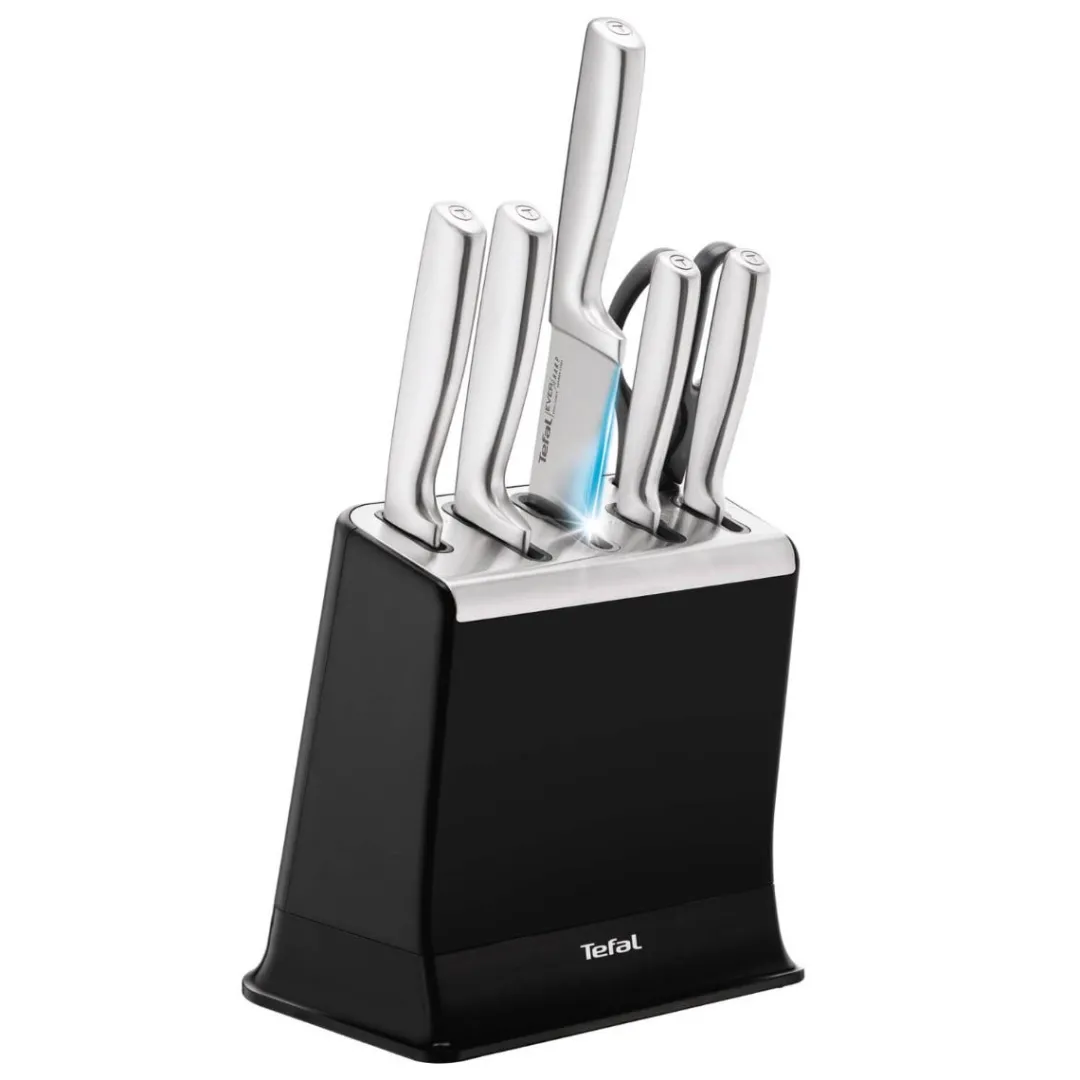 Zestaw 5 noży ze stali nierdzewnej oraz nożyczki TEFAL EverSharp Pro + blok z wbudowaną ostrzałką