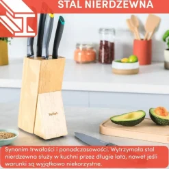 Zestaw 5 noży ze stali nierdzewnej TEFAL FRESH KITCHEN + drewniany blok
