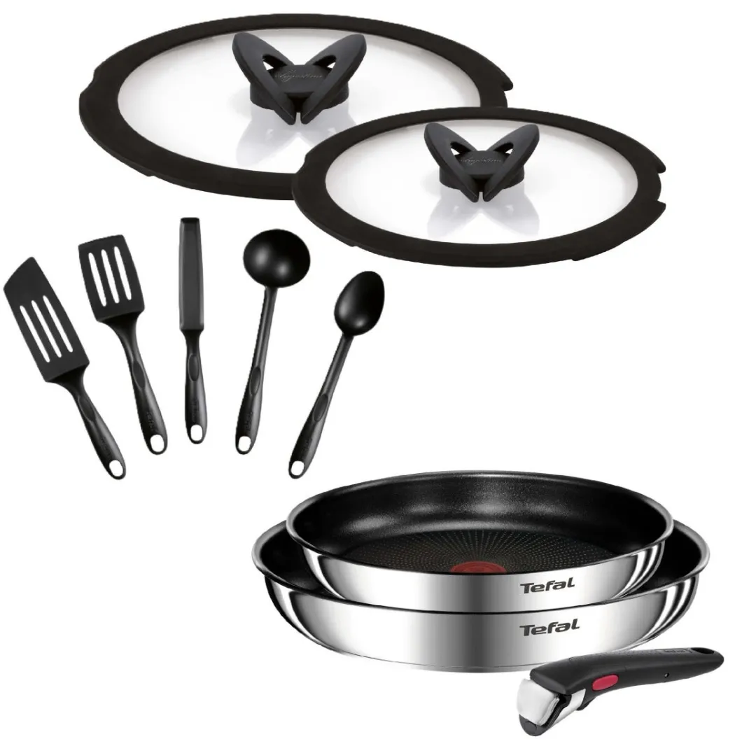 Zestaw patelni 24/28cm Tefal Ingenio Emotion + szklane pokrywki 24/28cm + zestaw akcesoriów kuchennych