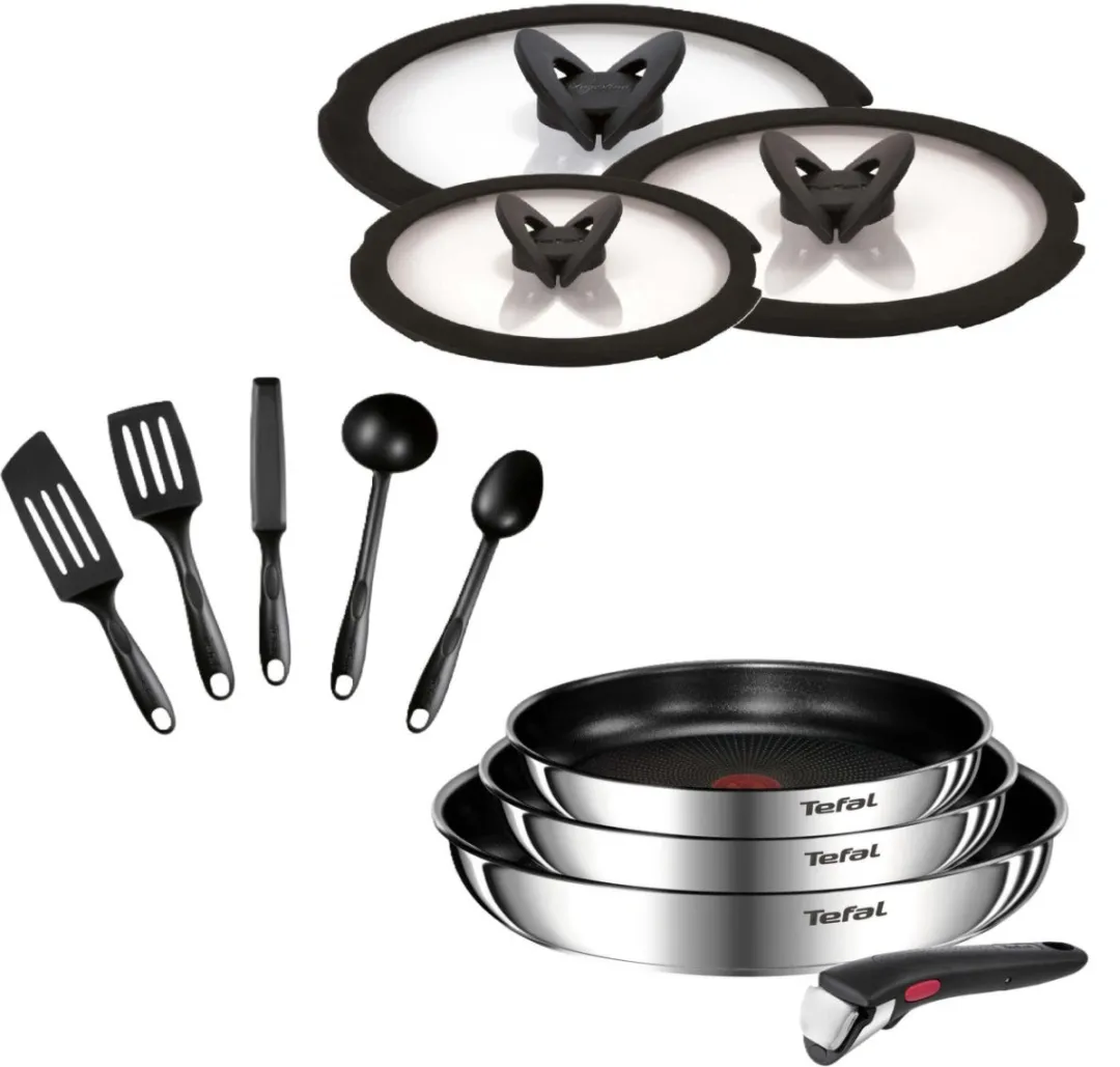 Zestaw patelni 22/24/28cm Tefal Ingenio Emotion + szklane pokrywki 22/24/28cm + zestaw akcesoriów kuchennych